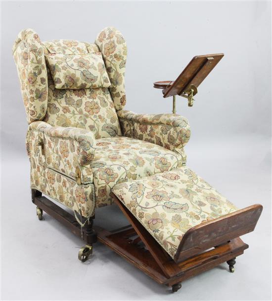 An early Victorian brass mounted mahogany and oak reading chair, W.2ft 4in. H.3ft 11in.